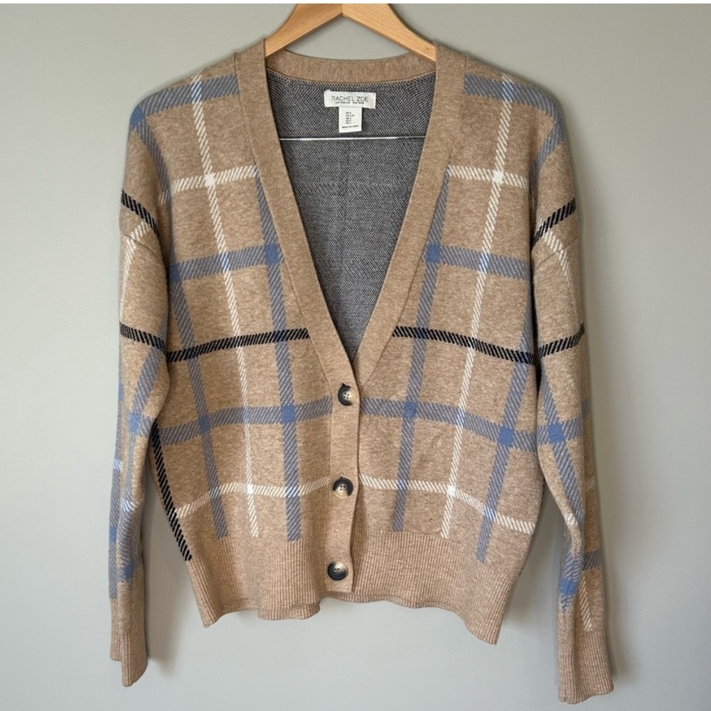 Rachel Zoe Beige and Blue Plaid Cardigan Sweater. Fall/Winter Classic